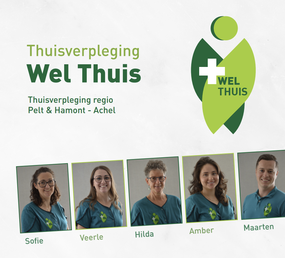 Het team van Thuisverpleging Wel Thuis - Sofie, Veerle, Hilda, Amber en Maarten